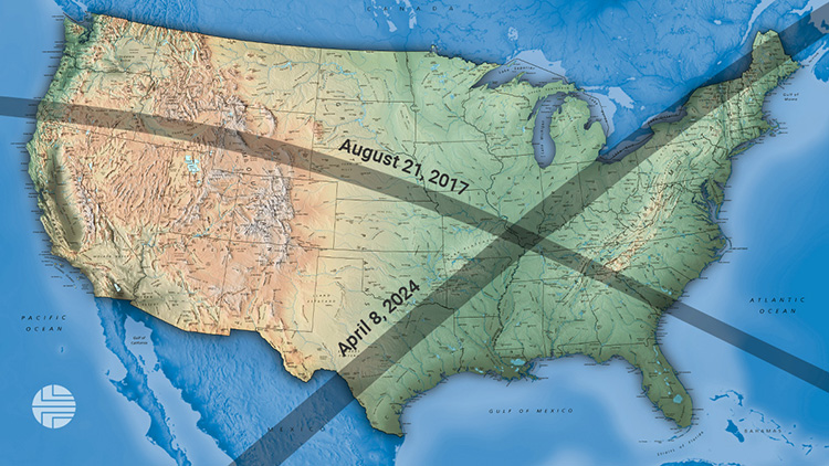 This map shows the path of the 2017 total solar eclipse, crossing from Oregon to South Carolina, and the 2024 total solar eclipse, crossing from Mexico into Texas, and exiting over Canada.